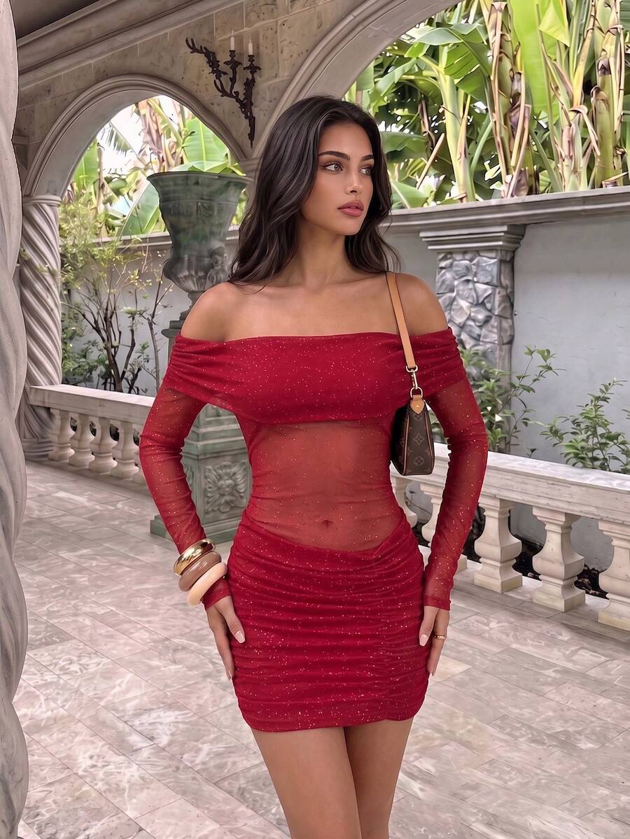 Y2K Fashion Red Cold Shoulder Long Sleeve Mini Dress, Sequin Decor, Suitable For Date Night, Autumn Outings, Birthday, Holiday And Graduation Ceremony - Red - View 1