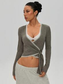 Women's Waist-Cinching Contrast Color Lace Patchwork Slim Fit Tight Vacation Style Sports T-Shirt - Grey - View 8
