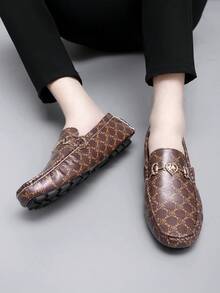 GAISIMA Men's Retro All-Over Print Slip-On Loafers, Metal Buckle Flat Driving Moccasins, Casual Everyday Wear, Suitable For All Seasons - Brown - View 6