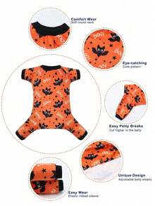 1pc Halloween Print Pet Pajamas, Small/Medium Bat Print Dog Clothes - Multicolor - View 3