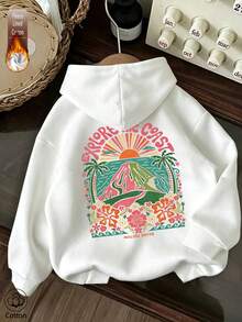 Women's Casual White Printed Sweatshirt, Coast And Floral Pattern, Long Drop Shoulder Pullover, Warm Fleece Lining, Suitable For Autumn Wear - White - View 1