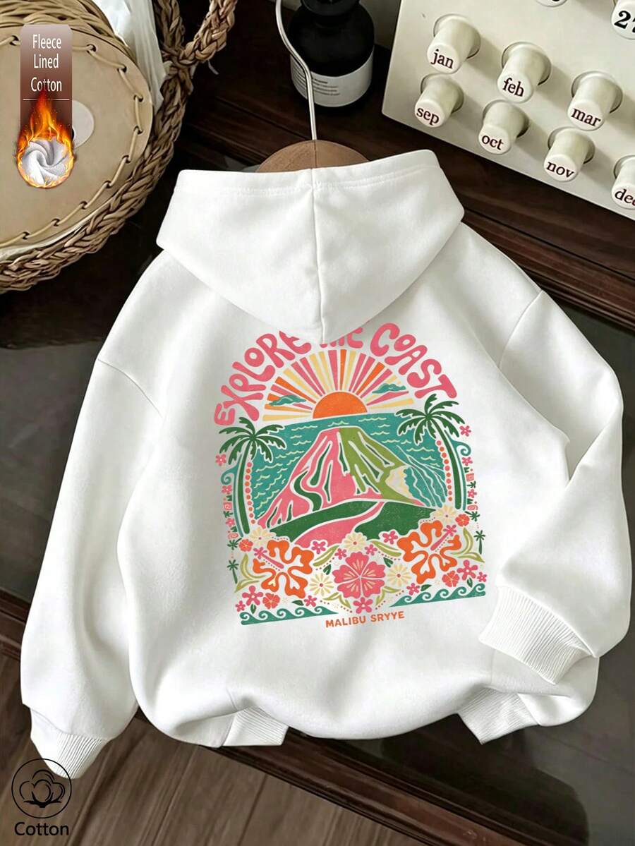 Women's Casual White Printed Sweatshirt, Coast And Floral Pattern, Long Drop Shoulder Pullover, Warm Fleece Lining, Suitable For Autumn Wear - White - View 1
