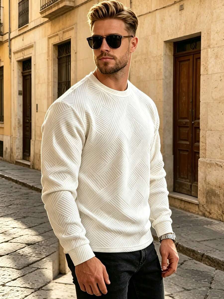 Men's Autumn/Winter Casual Round Neck Jacquard Fabric T-Shirt Top - White - View 1