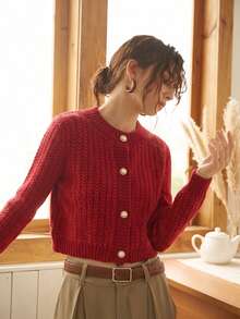 Knit Mix 優雅女款針織開襟衫 法式時尚休閒上衣 多功能法式風格 秋冬長袖圓領毛衣外套 - 紅色 - 查看 3