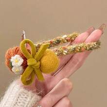 Vintage Crochet Pumpkin Flower Hair Tie, Fabric Bow Decor Elastic Hair Scrunchie, Adult Daily Ponytail Hair Accessory - Multicolor - View 10