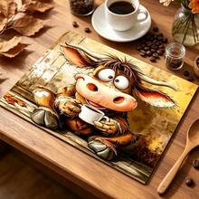 1pc Dish Drying Mat, Coffee Machine Mat, Cute Cartoon Cow Drinking Coffee Pattern Dish Drying Mat, Suitable For Bar, Dining Table, Kitchen Countertop, Autumn Daily Use, Thanksgiving Warm Decor, Multi-Purpose Drying Mat, Home Gift, Desktop Decoration - XYLSD-1041 - View 4