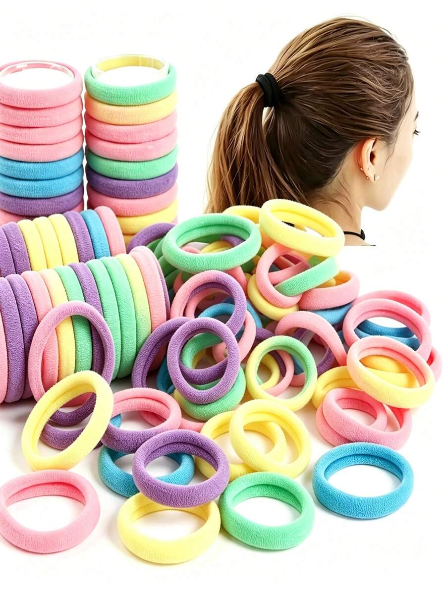 100pcs/50pcsMulticolor Soft Nylon Hair Ties, Elastic Ponytail Hair Bands For Little Girls Kids Daily Hair Accessories - Multicolor - View 1