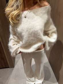 Sweater Rajut Lembut Lengan Panjang Longgar Model Lentera dengan Bahu Terbuka, Cocok untuk Pemakaian Sehari-hari, Cocok untuk Musim Gugur/Dingin Wanita Ukuran Besar, - Putih - View 10