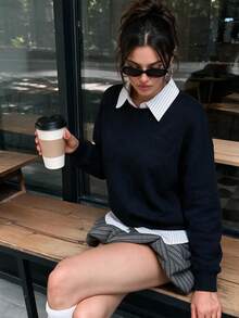 Women's Round Neck Ribbed Knit Sweater, Dropped Shoulder Long Sleeve Loose Soft Fabric Autumn Casual Silhouette Pullover - Black - View 2