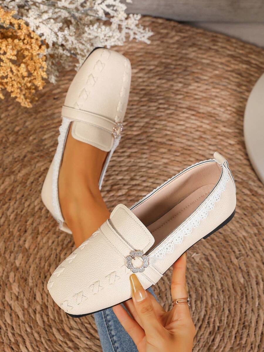 Women's All-Season Fashion Colorblock Comfortable Soft Sole Non-Slip Flat Ballet Shoes With Lace Trim, Square Toe, Rhinestone Decor, Leather Strap Buckle And Bean Sole - Beige - View 1