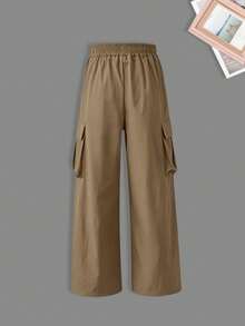 Girls' Fashion Versatile Retro Minimalist Personalized Letter Washed Texture Crew Neck Sweatshirt + Cargo Pants Long Pants, Autumn/Winter Daily 2-Piece Set - Brown - View 6