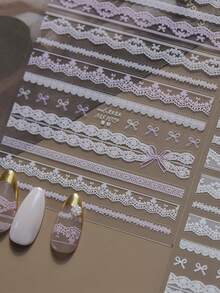 1 Sheet 3D Embossed Light Purple‑White Lace Nail Stickers, Multi‑Width Wavy Hollow Lace Thin Ribbon Bow Patterns, Thin Flexible Soft French‑Style DIY Nail Decals - Multicolor - View 3