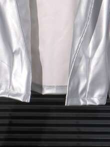 Tween Girl Fashion Solid Color Minimalist Casual Y2K Silver Lapel Long Sleeve Cropped Jacket Top - Silver - View 5