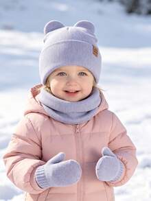 3‑Piece Toddler Girl Knit Winter Set, Cat Ear Beanie + Neck Warmer + Mittens Soft Cozy Kids Accessories For Cold Weather Daily Outing - Hat + Scarf + Gloves - View 4