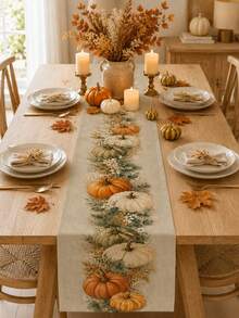 1pc-Autumn Linen Table Runner, Sage Green Pumpkin Table Decor, Neutral Fall Farmhouse Table Runner For Dining Table, Thanksgiving Kitchen Decoration, Rustic Harvest Holiday Centerpiece Cloth For Family Dinner And Home Party - Apricot - View 6