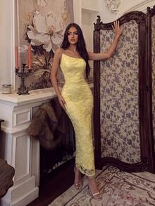 ADYCE Elegant Party Beaded Floral Mesh Dress Wedding, For Her Fall - Light Yellow - View 4
