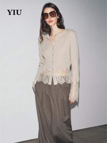 Cardigan Rajut Bergaris YIU Wanita, Detail Renda Kontras, Lengan Panjang, Leher Bulat, Atasan Kancing Depan - Khaki - View 2