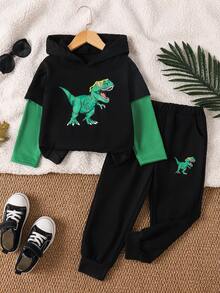 Young Boy Casual Fashion Forward Sporty Outdoor Retro 2 In 1 Patchwork Sleeve Dinosaur Pattern Hoodie And Pocket Long Pants 2 Pieces Set - Black - View 1