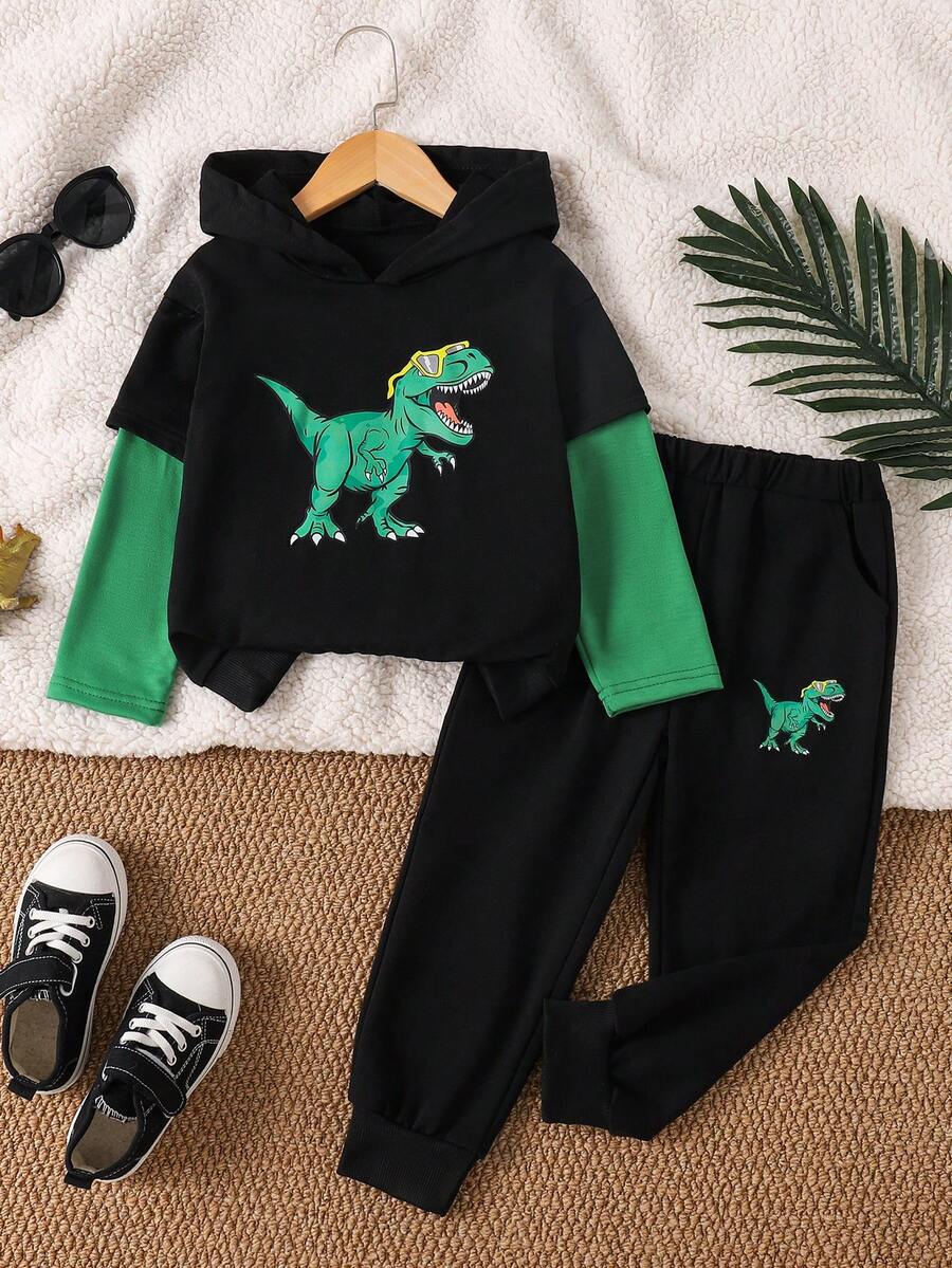 Young Boy Casual Fashion Forward Sporty Outdoor Retro 2 In 1 Patchwork Sleeve Dinosaur Pattern Hoodie And Pocket Long Pants 2 Pieces Set - Black - View 1