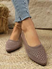 Khaki Rhinestone Low Vamp Slip-On Low Heel Breathable Casual Mom Shoes For Women Autumn Commute - Khaki - View 5