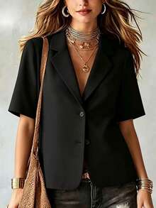 Women's Casual Short Sleeve Blazer, Minimalist Solid Color Single-Breasted Commuter Daily Versatile Elegant Top, Summer Black - Black - View 1