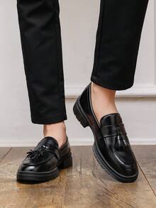1 Pair Solid Color Basic Preppy Vintage Microfiber Leather Tassel Derby Shoes Thick Sole Outdoor Office Wedding School Spring Autumn - Black - View 2