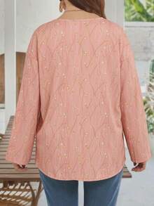 Plus Size Women's Casual Printed Button-Up Shirt - Pink - View 3
