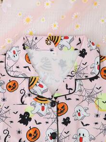 2pcs/Set Girls Casual Ghost Pumpkin Print Lapel Long Sleeve Cardigan And Pants Pajama Set Flame Retardant Halloween All Seasons - Dusty Pink - View 4