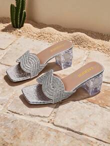1 Pair Women Silver Twisted Rhinestone Wide Strap Slide Sandals, Slip On Daily Party Dress Footwear - Silver - View 5