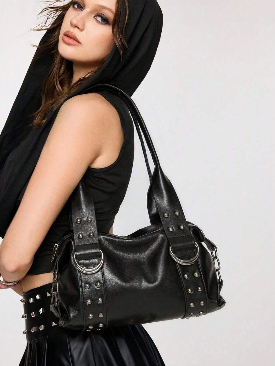 Women's Vintage Punk Style Rivet Shoulder Bag, Large Capacity Faux Leather Tote, Cool Avant-Garde Street Style, Suitable For Commuting, Concerts And Parties - Multicolor - View 1
