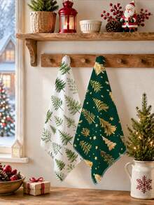 2pcs Christmas Green & Gold Christmas Tree Pattern Kitchen Towels, Soft Polyester Dish Cloths, Suitable For Kitchen Decor, Kitchen Cleaning, Holiday Party Decoration, Kitchen & Bathroom Supplies Home Essentials, Home Decor, Housewarming Gift - Multicolor - View 5