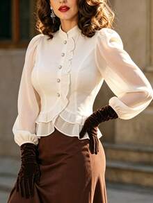 Vuslat Women's French Court Style Stand Collar Short Blouse With Pearl Buttons Long Sleeve Shirt, Suitable For Commute, Evening Party, Gathering, Christmas - White - View 6