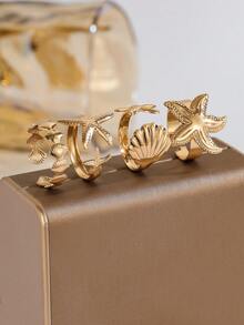 4pcs Fashion Popular Minimalist Ocean Style Starfish Shell Rings Set Women Jewelry - Yellow Gold - View 4