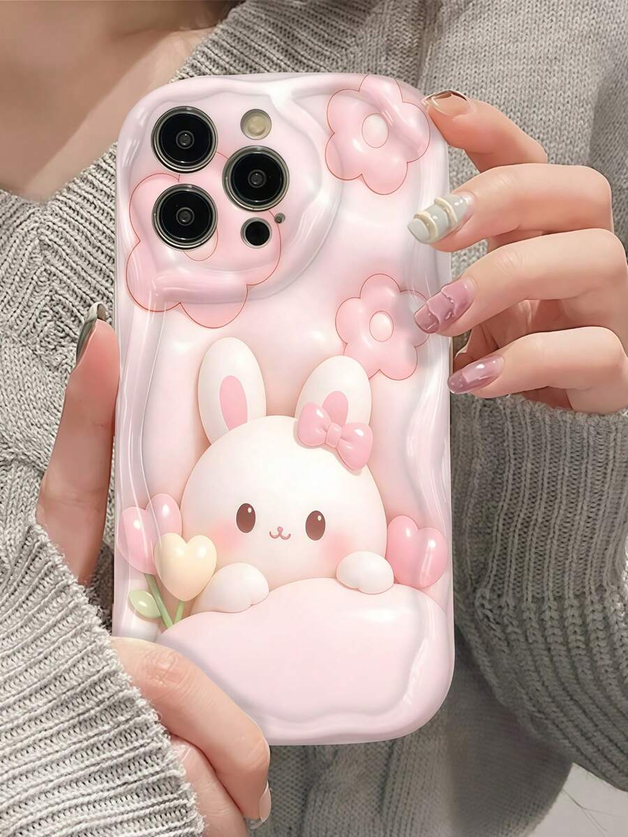 Clear Wavy Curved Edge Phone Case, Rabbit Design Purple Rhinestone Style 2D Embossed Floral Pattern, Transparent Shockproof Soft TPU Protective Cover With Raised Camera Lens Frame, Compatible With Apple 11, 12, 13, 14, 15, 16, 17 Pro Max, Designed For Girls And Women Coquette Aesthetic Raised Lens Protection Case Suitable For Galaxy, Honor, Phones - White - View 1