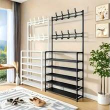 1pc 4-5 Tier Shoe Rack With Coat Hooks, Metal Entryway Coat Rack With 8 Hooks, Multi-Functional Large Capacity Shoe Storage Organizer, Sturdy Easy Assembly Space-Saving Coat Rack, Suitable For Entryway, Hallway, Foyer, Apartment, Dorm, Mudroom - Multicolor - View 1
