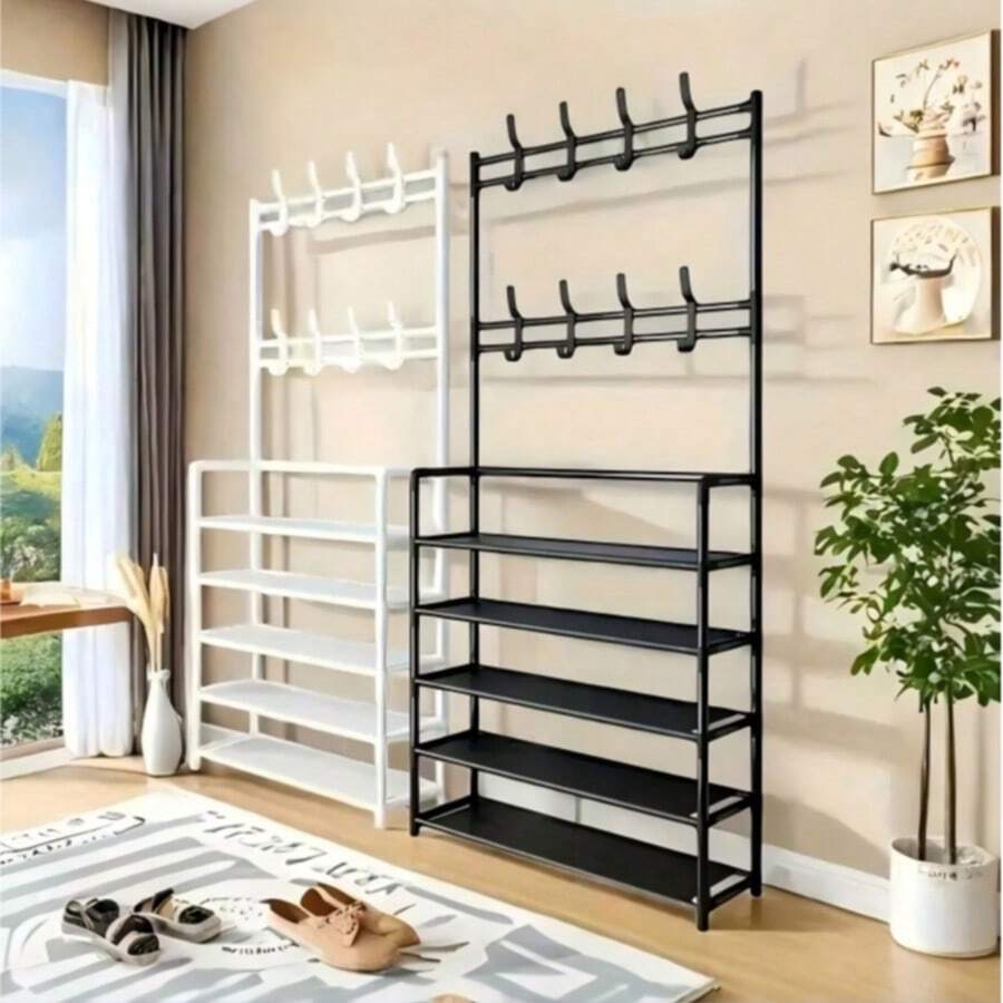 1pc 4-5 Tier Shoe Rack With Coat Hooks, Metal Entryway Coat Rack With 8 Hooks, Multi-Functional Large Capacity Shoe Storage Organizer, Sturdy Easy Assembly Space-Saving Coat Rack, Suitable For Entryway, Hallway, Foyer, Apartment, Dorm, Mudroom - Multicolor - View 1