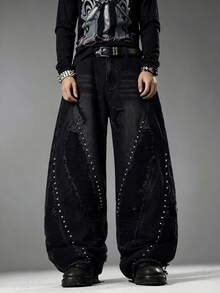 Street Style Black Spliced Men Jeans, Beaded Decor Wide Leg Pants, Comfortable Versatile All Season Trousers (No Belt & Accessories) - Black - View 6