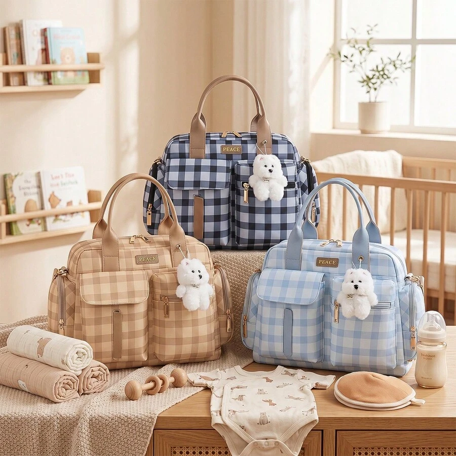 1pc British Plaid Mommy Bag, Handheld & Crossbody Dual-Use Diaper Bag, With Small Pendant, Multi-Compartment Design, Wear-Resistant, For Commuting, Travel, Maternity & Baby Essentials Storage
