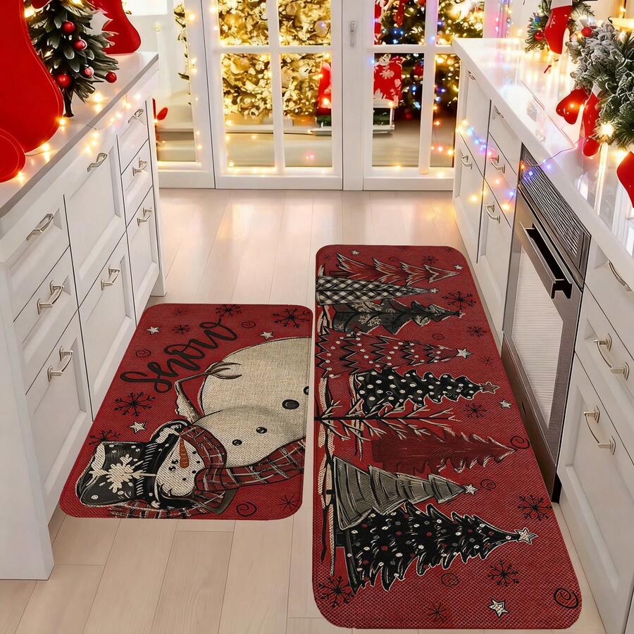 1/2/3pcs Christmas Theme Kitchen Rug, Flannel Kitchen Rug Comfortable Soft Absorbent Non-Slip Machine Washable With Non-Slip Backing Suitable For Multiple Scenes Entrance Living Room Bedroom Kitchen Dining Room Bathroom Laundry Room Hallway Christmas Holiday Decoration Home Mat - Multicolor - View 1