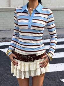 Atmospheric Blue White Brown Striped Polo Long Sleeve Slim Fit Cropped Vintage Contrast Color Knit Base Layer Top With Front Buttons T-Shirt For Daily Wear Autumn Winter - Light Sky Blue - View 3