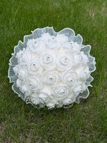 1pc White Artificial Rose Bridal Bouquet, Rhinestone PE Flower Bouquet With Pearl Lace Trim And Long Satin Ribbon, Wedding Handheld Bouquet - White - View 5