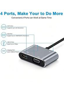 4-In-1 Type-C Hub, USB3.0 High-Speed Transfer, 4K HD, 100W PD Fast Charging, Widely Compatible - Grey - View 7