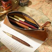 1pc Vintage Distressed Pencil Case, Minimalist Zipper Large Capacity Storage Bag, Artistic Student Office Leather Stationery Pouch - Z - View 9