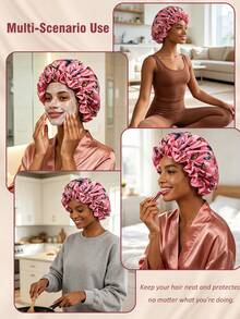 Double Layer Colorblock Satin Sleep Cap Wig Cap - Rose Pink Butterfly Lace Hat - View 5