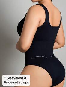 Seamless Solid Color Ribbed Knit Bodysuit Casual Black Summer Elegant - Black - View 5