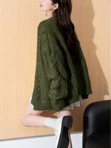 Alicedudu Women's Autumn/Winter Elegant Minimalist Casual Gentle Style Perforated Design V-Neck Cardigan Sweater - Army Green - View 3