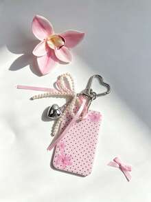 1pc Pearl Ribbon Heart Buckle Card Holder, Pink Tone Heart Bear & Black Cat Print, Hard Shell Protective Case For Student ID, Meal Card, Access Card, Bus Card, Keychain, Suitable For Office Workers And Students Daily Use - Rectangle - View 11