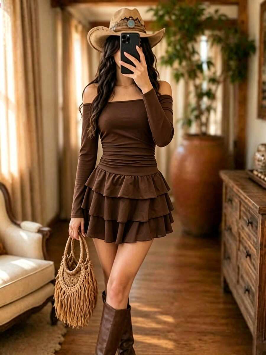 American Hot Girl Ruffle Long Sleeve Cinched Waist Ruffle Cake Mini Dress, Chocolate Brown Sexy Y2K Coquette Sweet & Spicy Ruffle Dress, Casual Date, Bar, Concert Short Dress