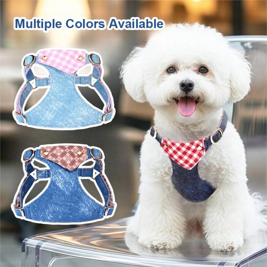 1PC New Denim Style Pet Dog Harness, Vest-Style Pet Harness, Fashionable Design, Cute Daily Outings Anti-Explosion, Easy To Clean And Hair-Resistant, Convenient And Quick To Wear, Durable Polyester Material, Suitable For Small And Medium Dogs, Perfect Choice For Daily Outings, Outdoor Hiking, Camping And Picnics - Navy Blue - View 1