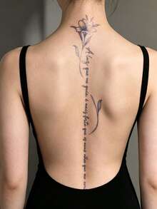 Herbal Juice Semi-Permanent Long Strip Back Spine Tattoo Sticker - Artistic Words & Floral Pattern, 7-12 Days No Fading, DIY Carnival Beach Party Holiday Gift, Arm & Thigh Waterproof Tattoo Sticker, 1pc - Blue - View 2